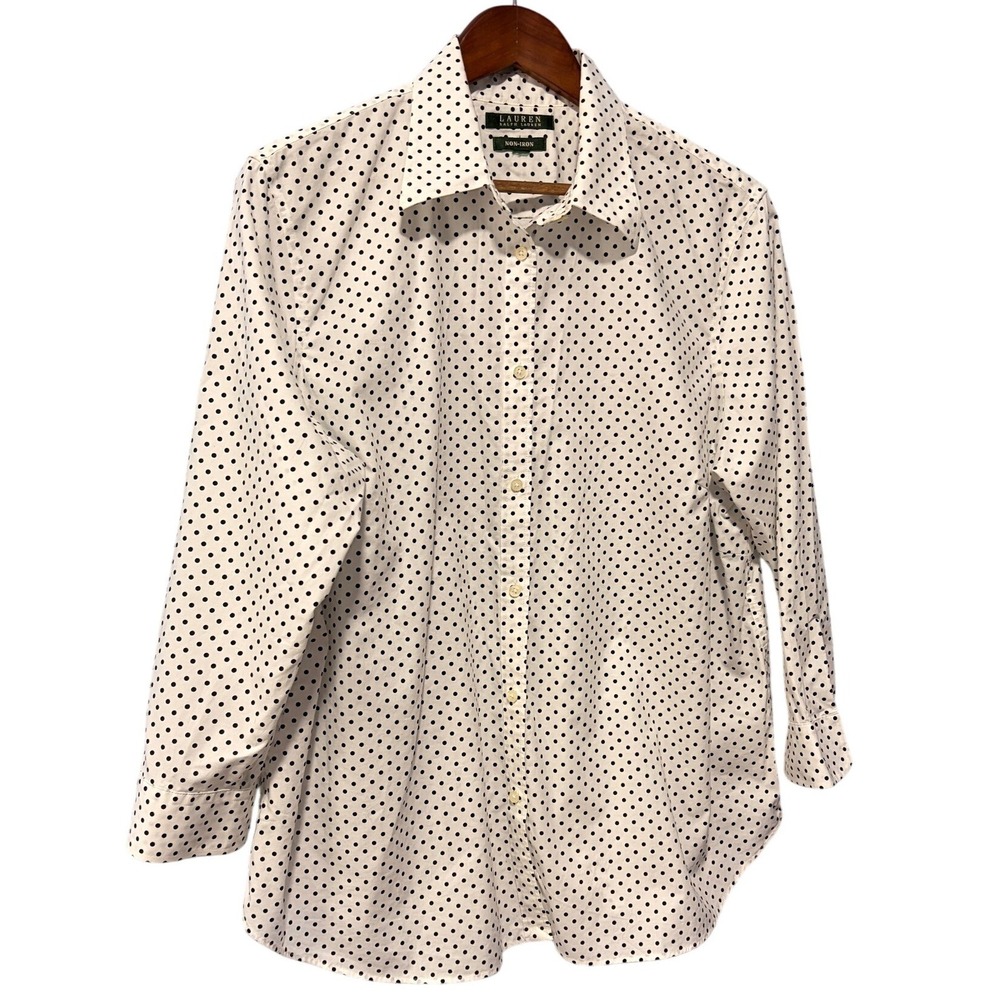 Lauren Ralph Lauren Non-Iron Polka Dot Button Down Shirt White Black Womens